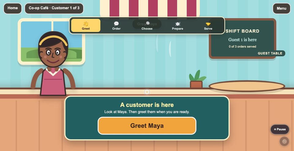 Co-op Café: greeting a customer named Maya at the counter