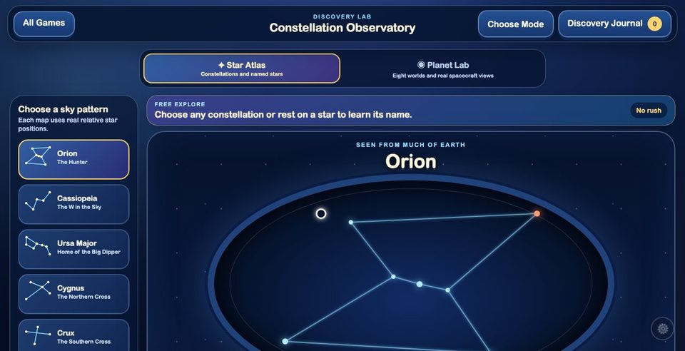 Constellation Observatory: the Orion constellation in Star Atlas mode