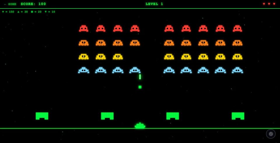 Space Blaster: mid-battle against rows of retro alien invaders