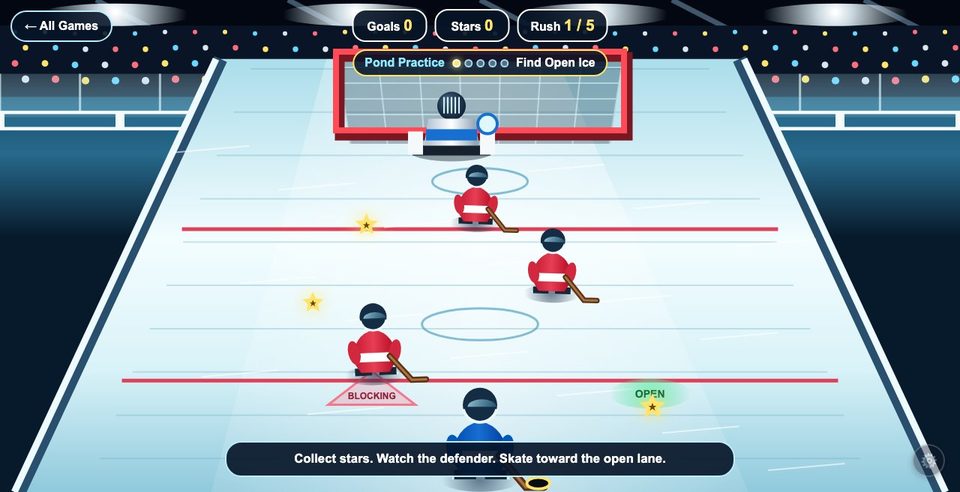 Ice Breakaway: skating toward an open lane past defenders