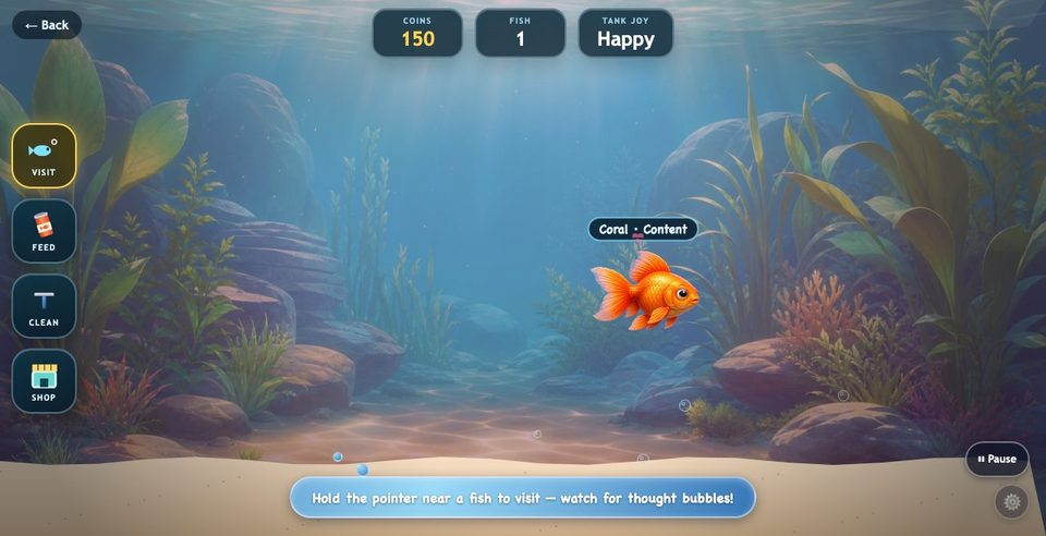 Aquarium Keeper: a goldfish named Coral swimming in a planted tank