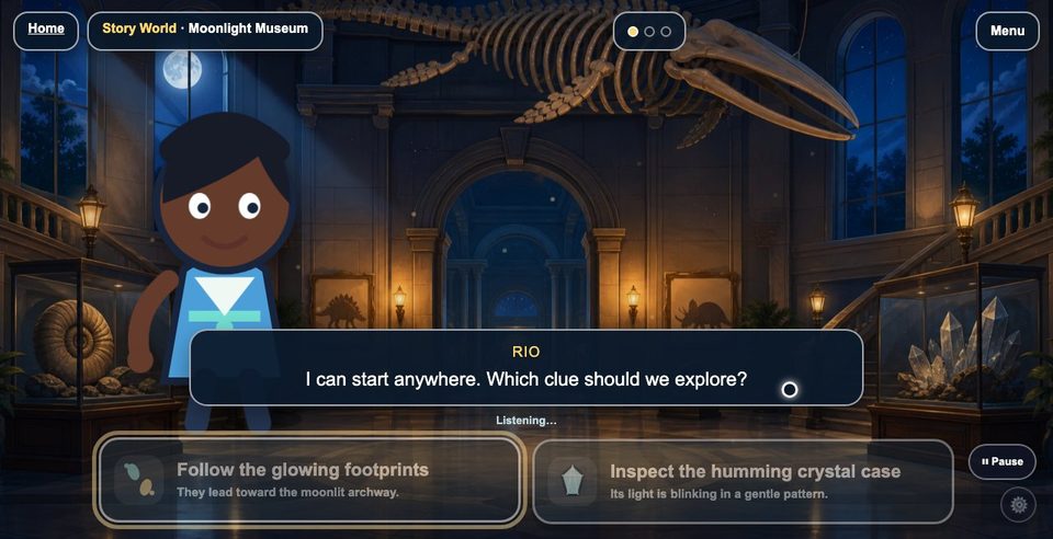 Story World: inside the moonlit museum, choosing which clue to follow