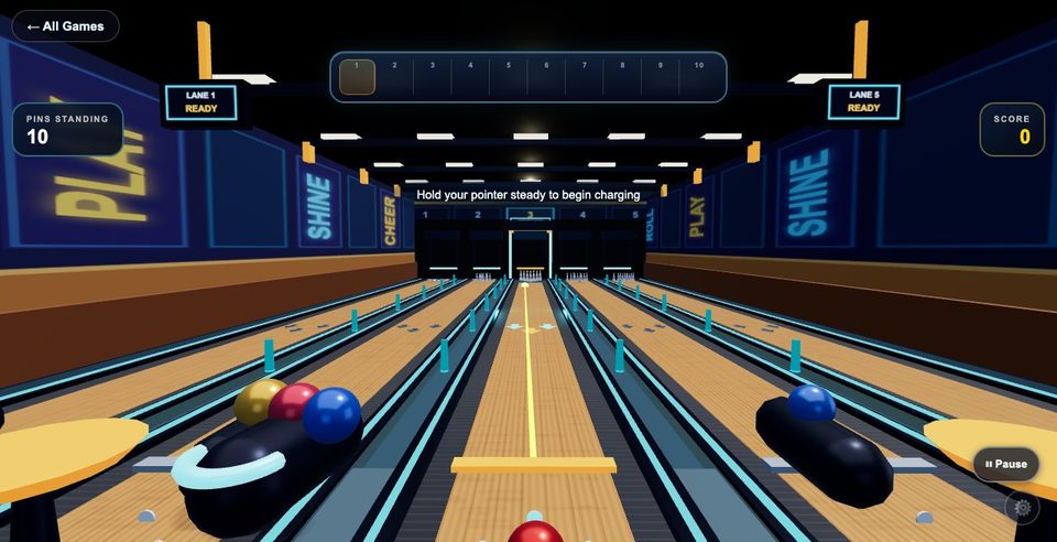 Bowling Alley: first-person view down the lane, ready to bowl